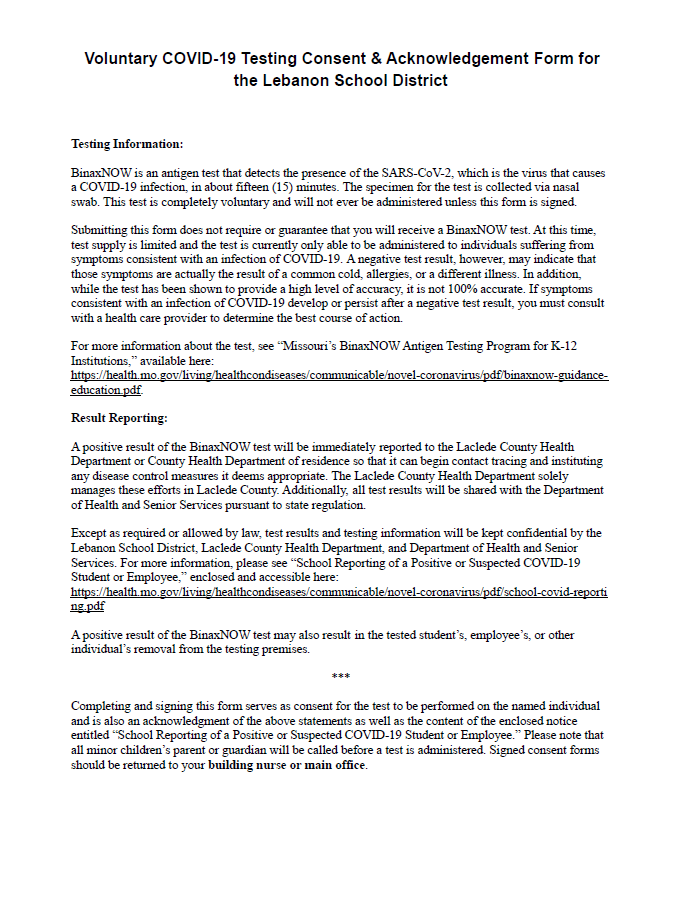 COVID19 Testing Consent Form Lebanon Schools